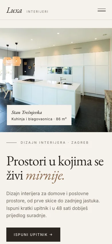 Luxa interijeri – konceptna web stranica za dizajn interijera (mobitel)