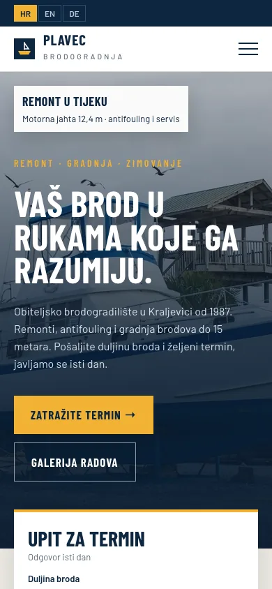 Plavec brodogradnja – konceptna web stranica za brodogradilište (mobitel)